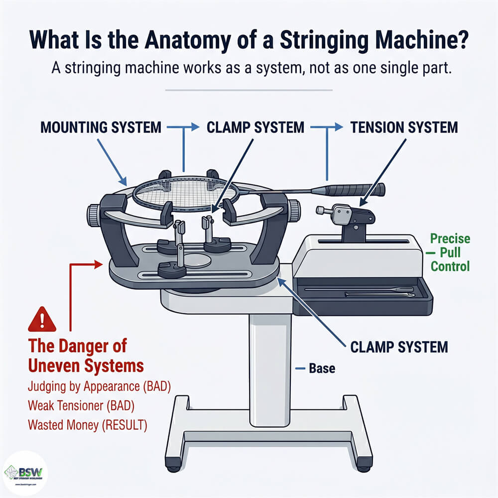 Anatomy of stringing machines showing a close-up of the mounting clamp and tension systems