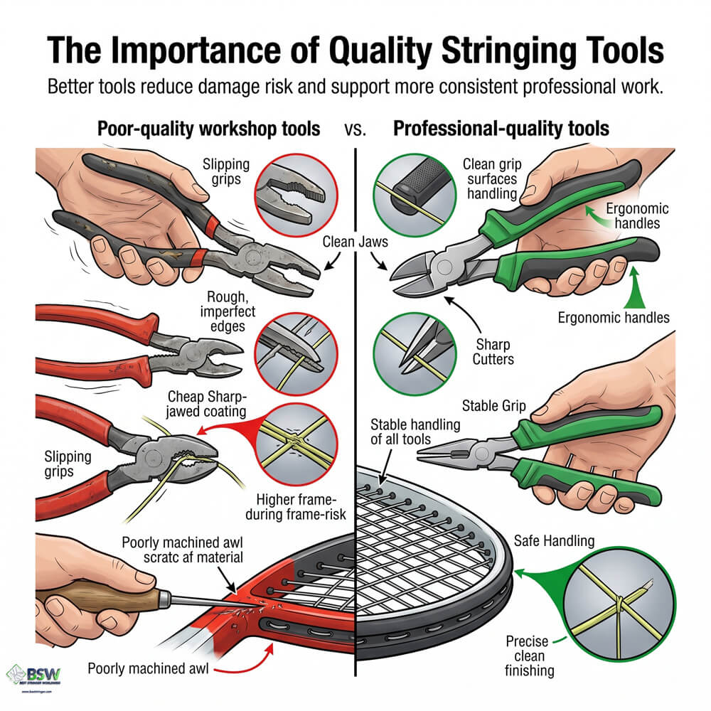 Awl pliers cutters and starting clamp for racquet stringing
