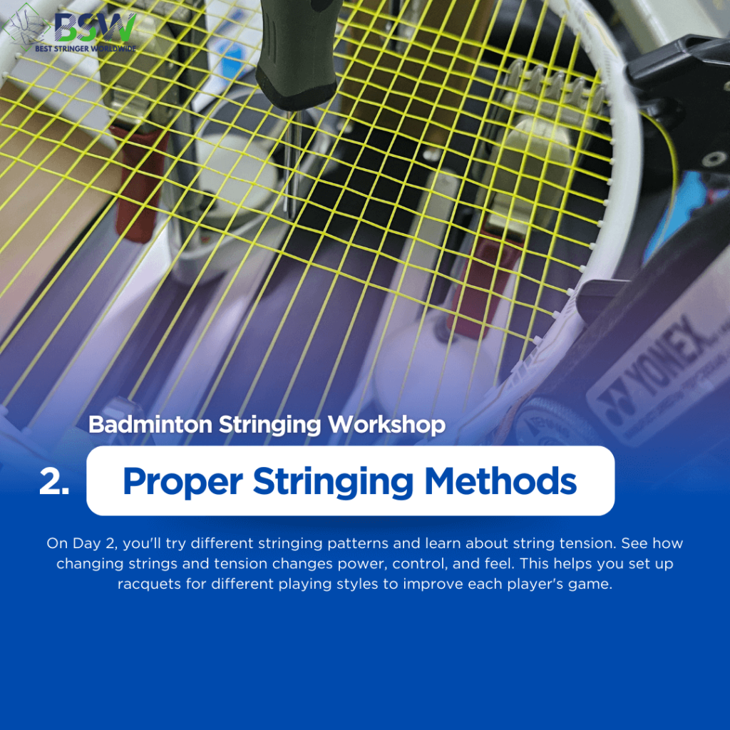 Badminton Stringing Workshop attendees at Best Stringer Worldwide practicing various stringing patterns and tension adjustments