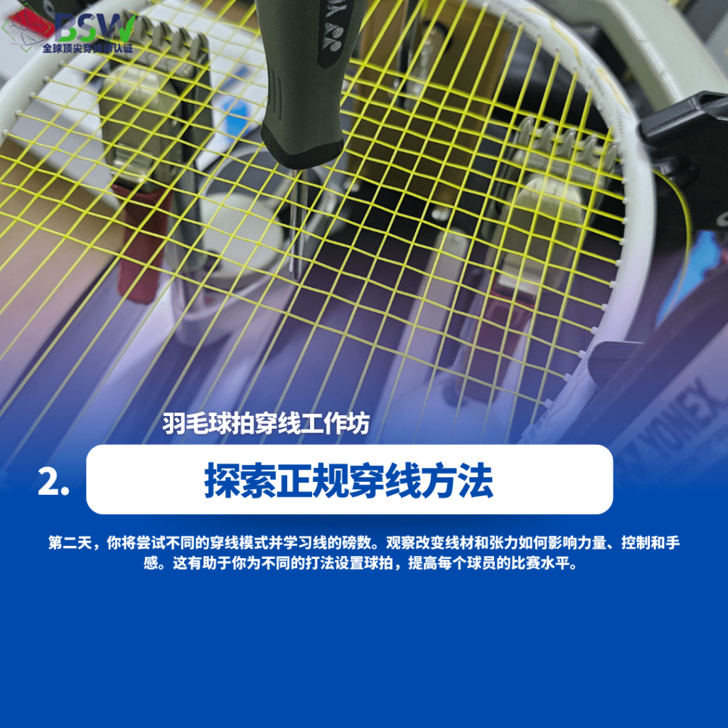 Badminton Stringing Workshop的学员在Best Stringer Worldwide练习各种穿线模式和张力调整