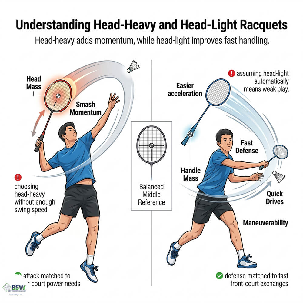 Badminton coach demonstrating the difference between head-heavy and head-light racquet balance