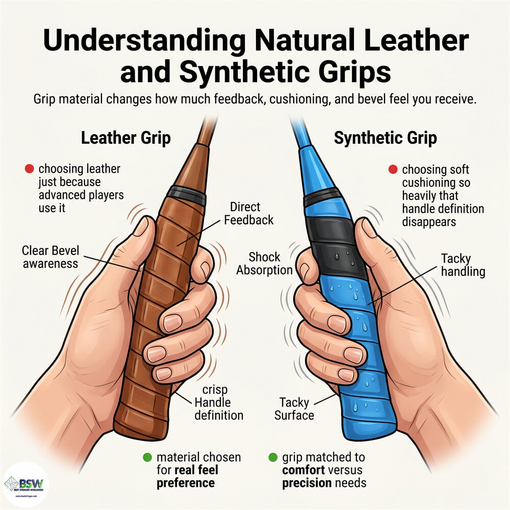 Badminton player comparing different grip materials and handle thicknesses