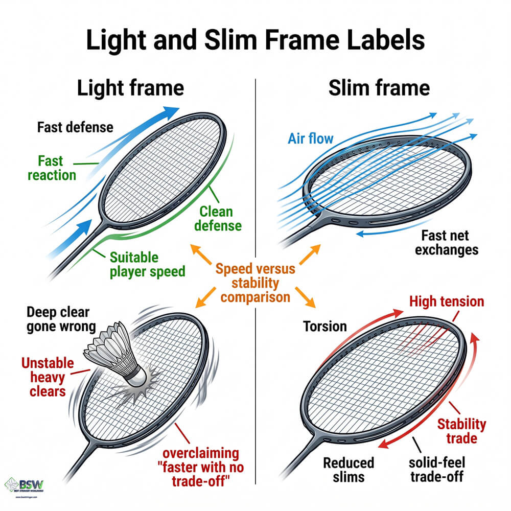 Badminton player comparing light and slim badminton racquet frames to understand speed and control differences