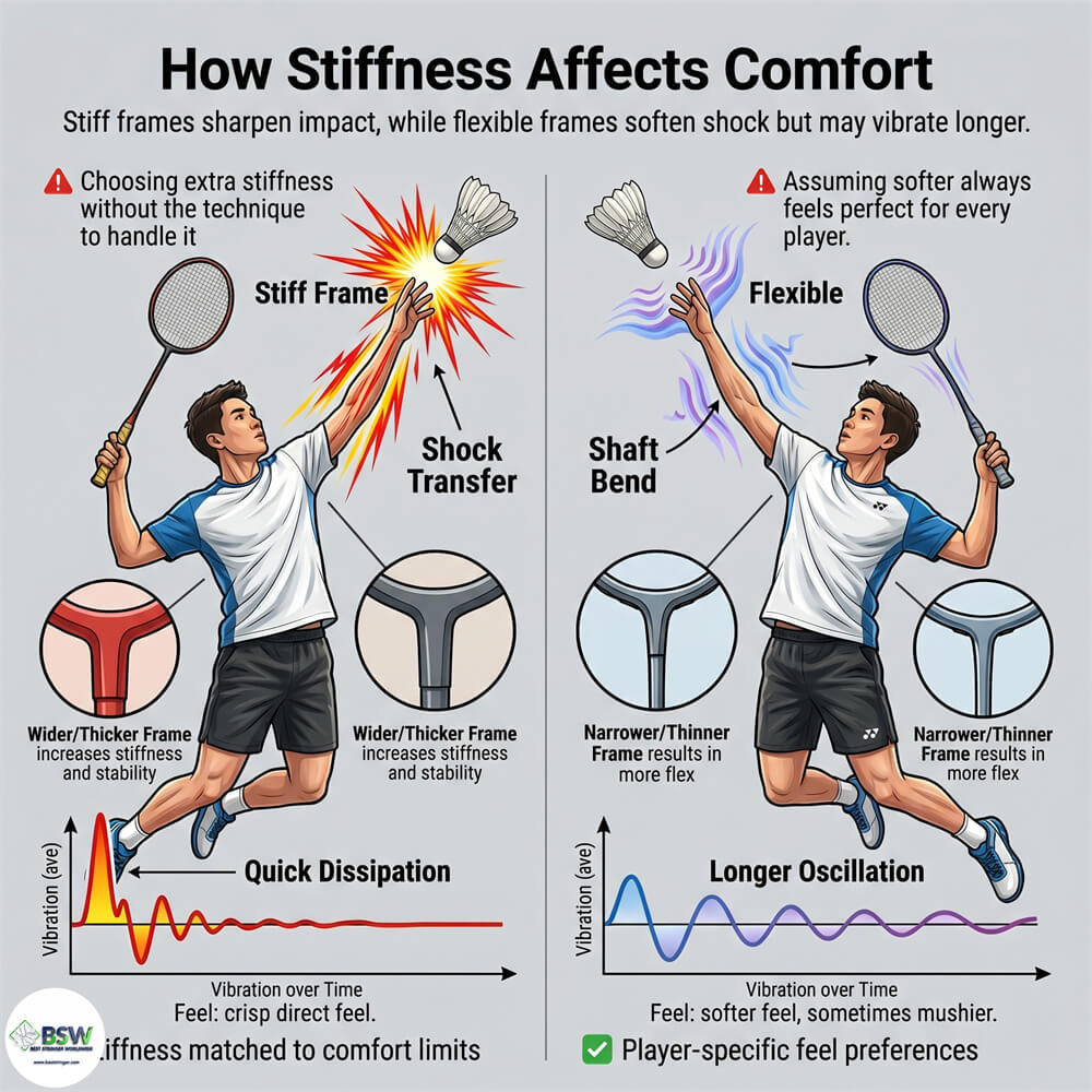 Badminton player comparing stiff vs flexible frames for vibration and comfort