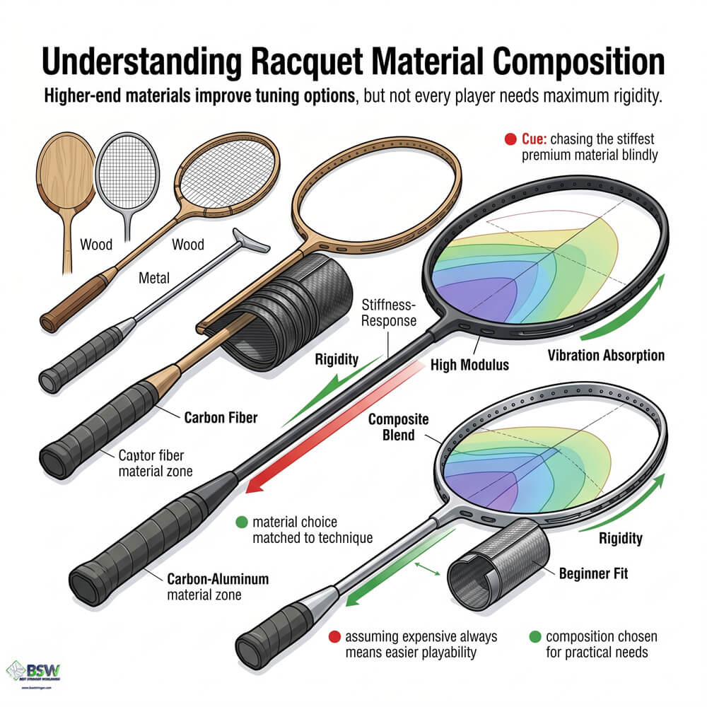 Badminton player comparing string bed density and carbon fiber materials in different frames