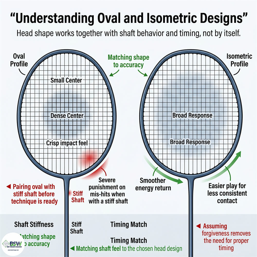 Badminton player comparing traditional oval and modern isometric racquet frame shapes