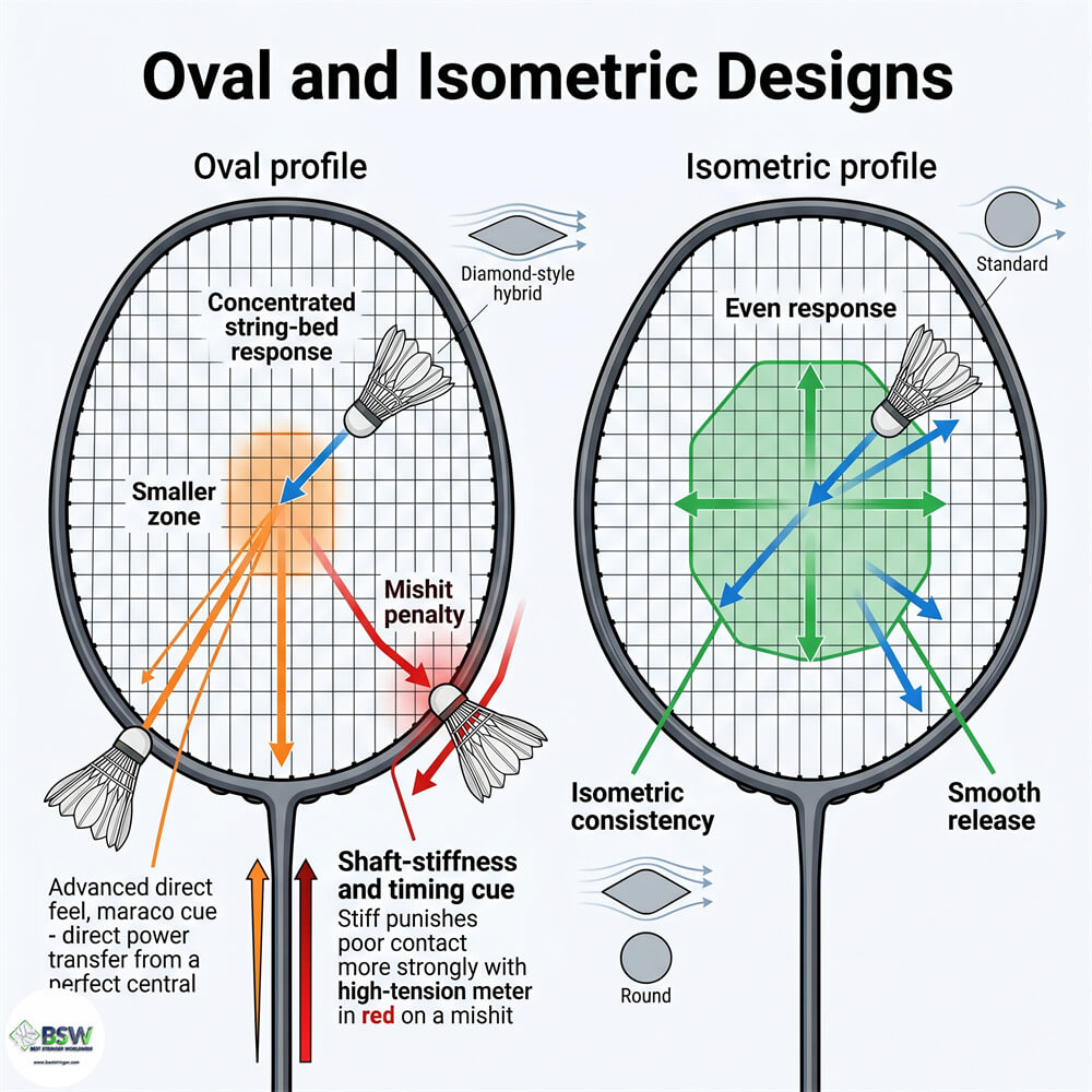Badminton player comparing traditional oval and modern isometric racquet frame shapes