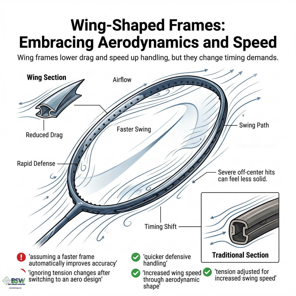 Badminton player comparing wing frame aerodynamics to traditional box shapes