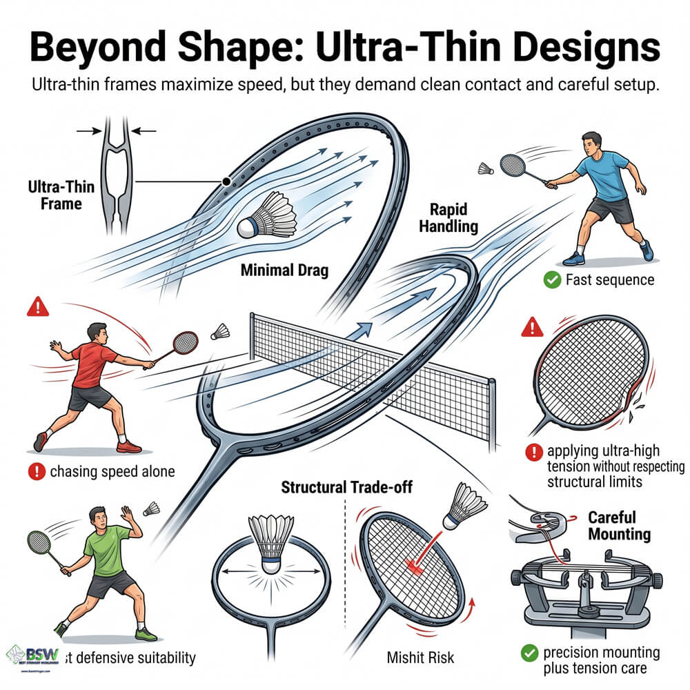Badminton player learning about the trade-offs of ultra-thin frame designs