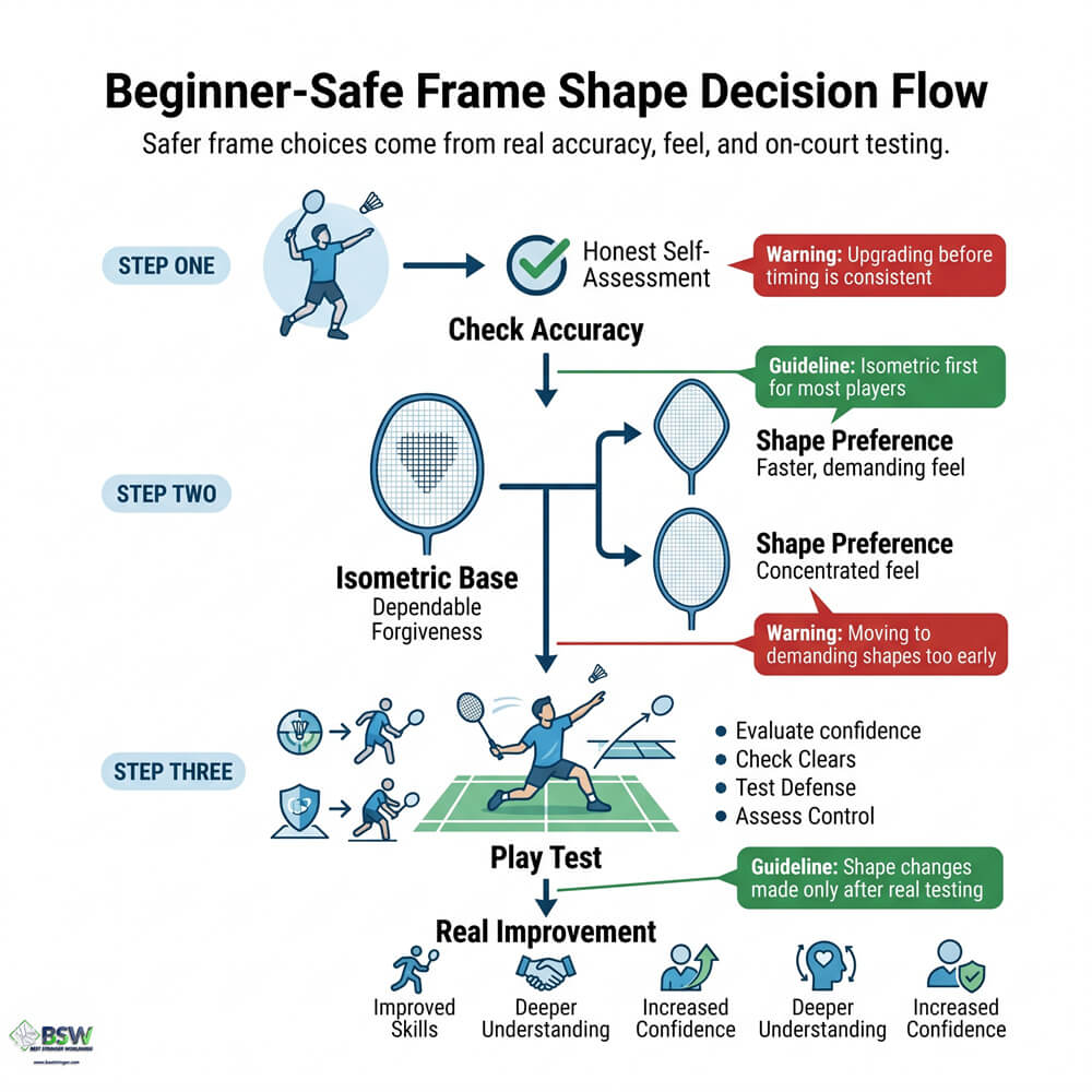 Badminton player selecting a racquet based on frame shape, forgiveness, and power feel