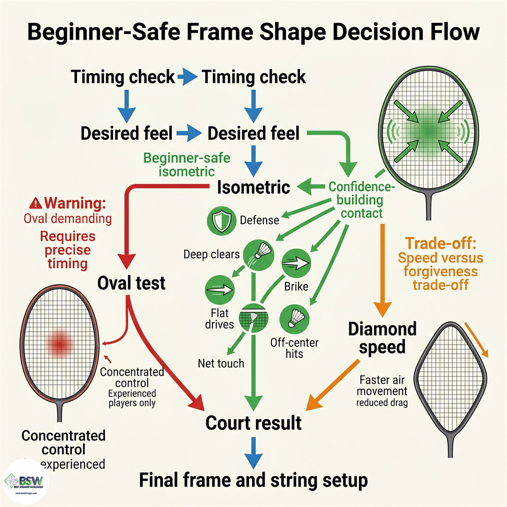 Badminton player selecting a racquet based on frame shape, forgiveness, and power feel