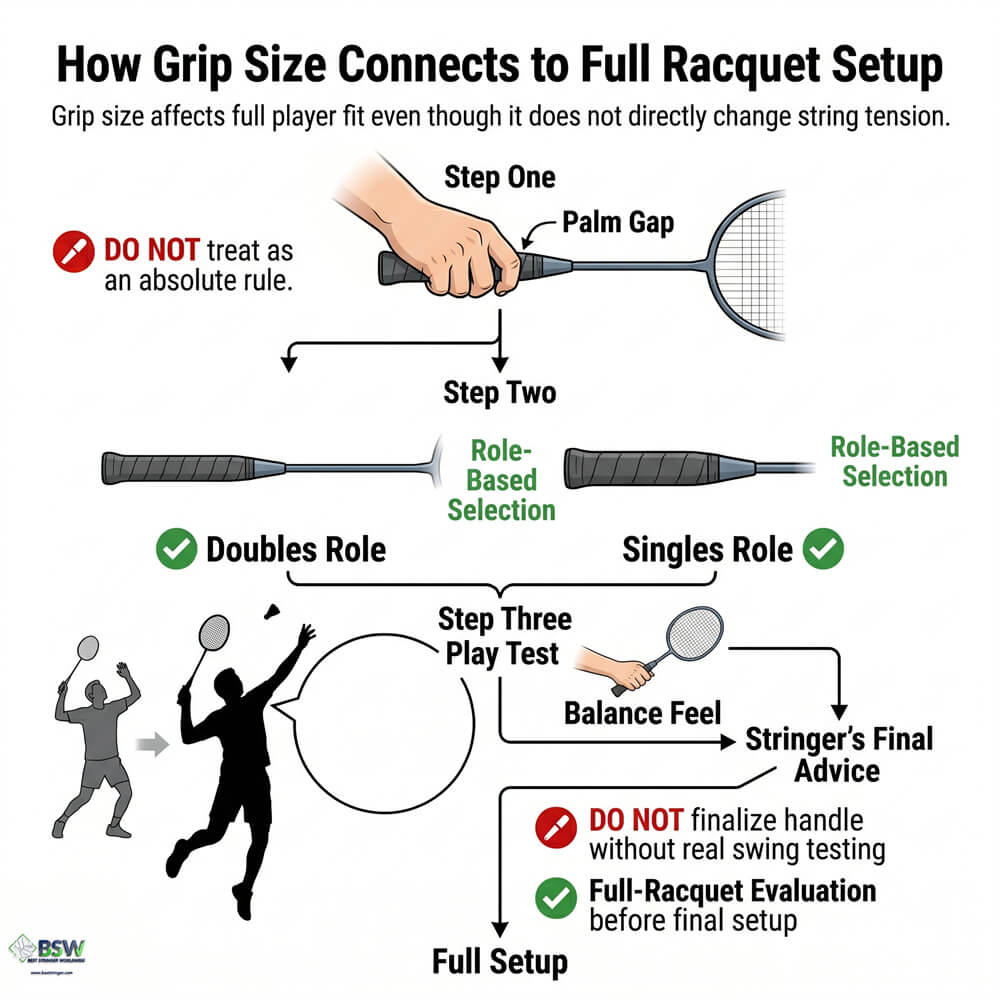 Badminton player selecting the right grip size for secure handling and comfort
