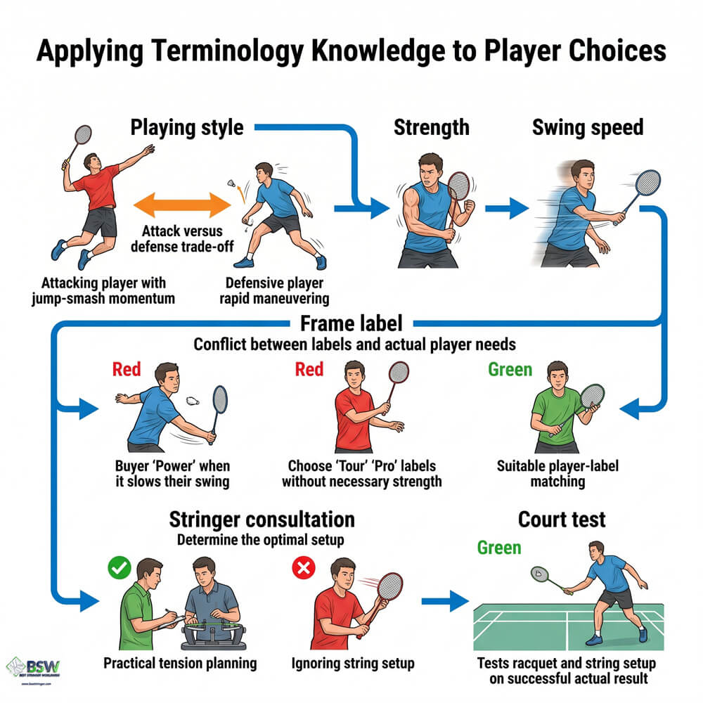 Badminton player using their racquet terminology knowledge to make a better equipment choice