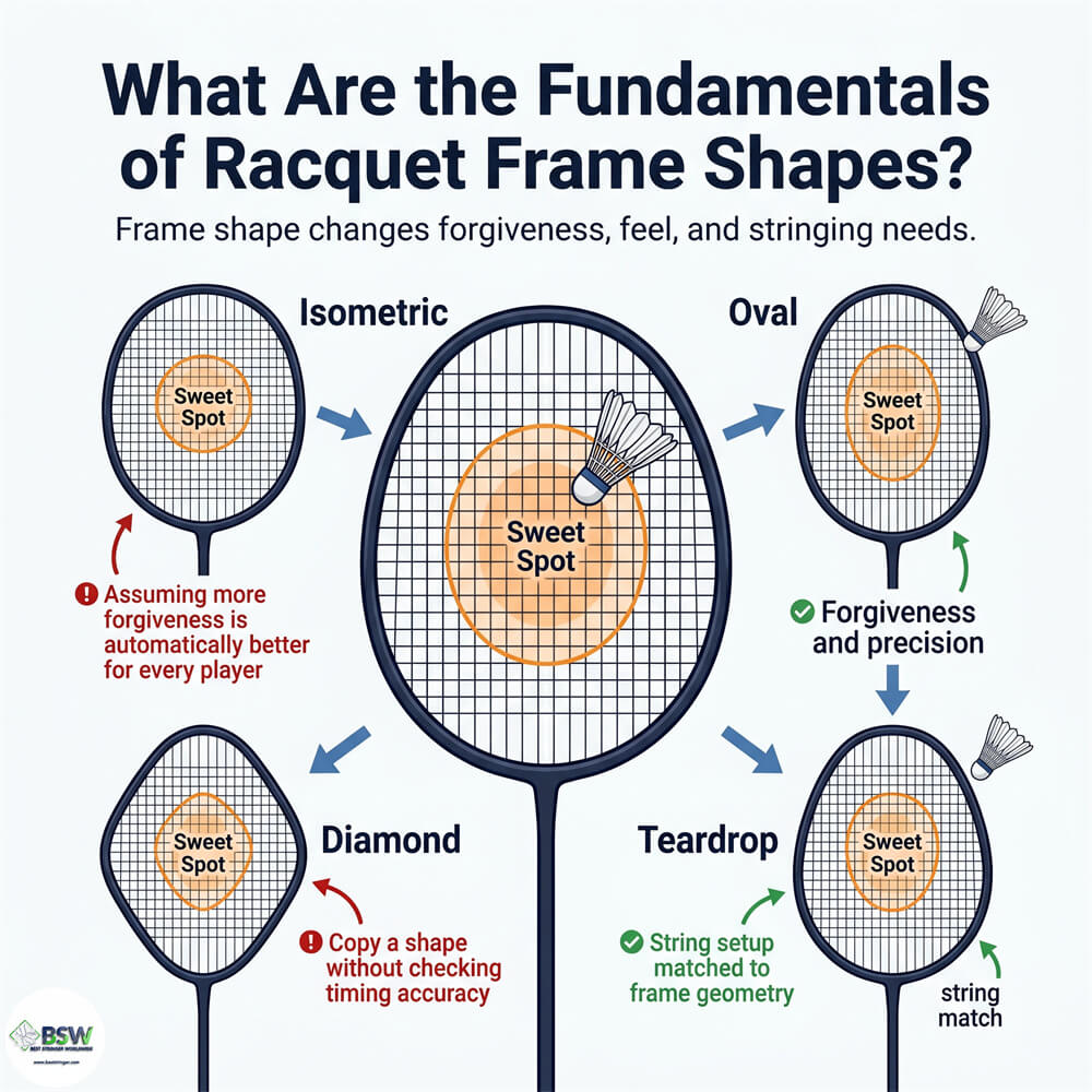 Badminton racquet frame shape comparison showing isometric and oval head designs