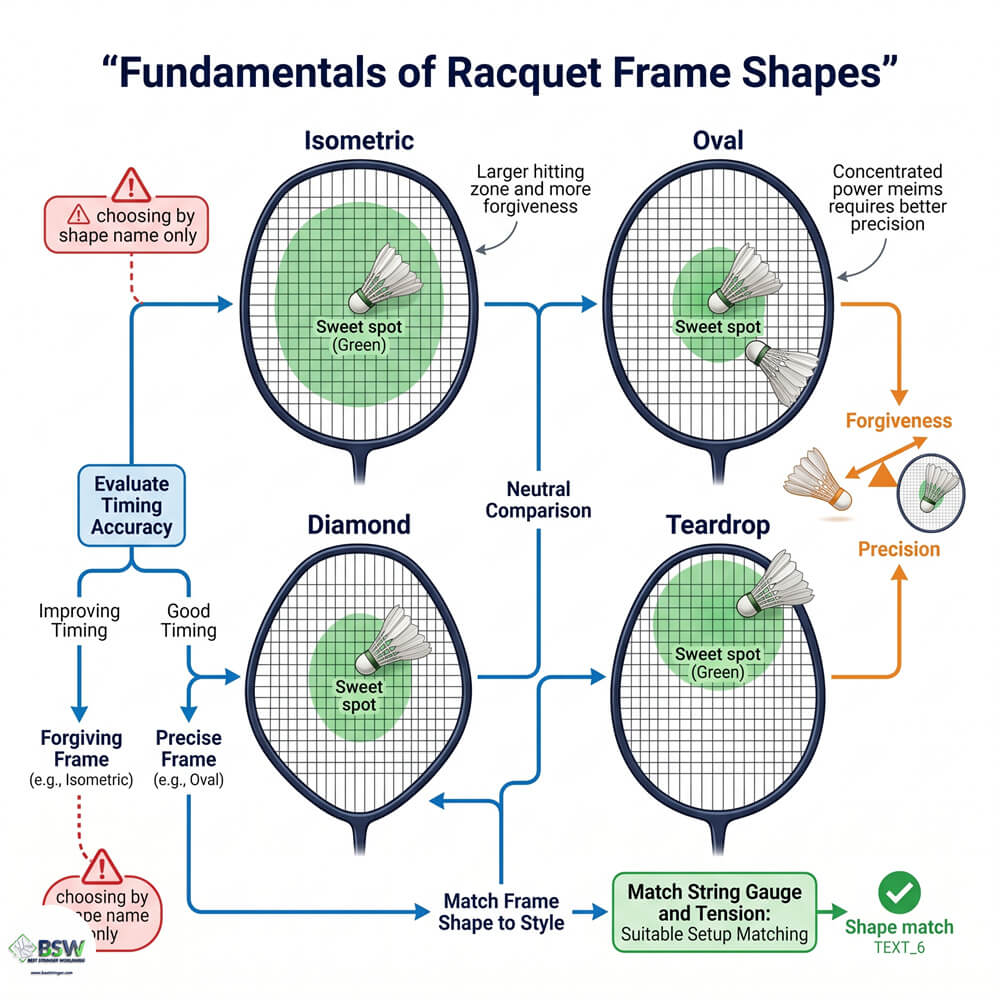Badminton racquet frame shape comparison showing isometric and oval head designs