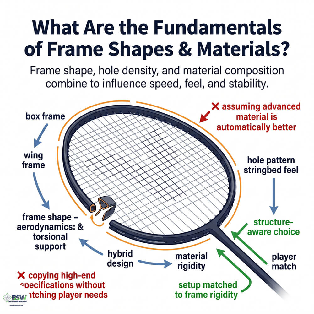 Badminton racquet frame shapes and materials guide showing a close-up of a hybrid frame and string bed BSW
