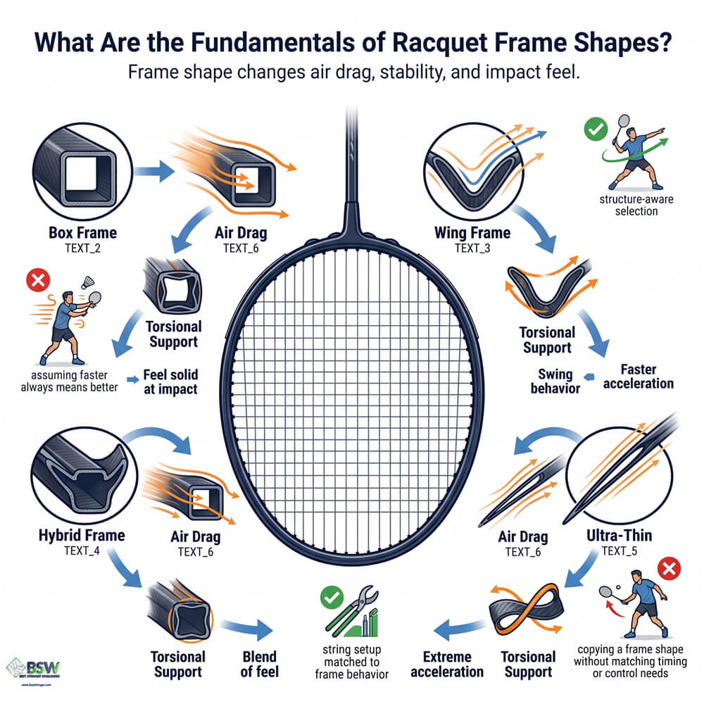 Badminton racquet frame shapes guide showing a close-up of a box and wing cross-section