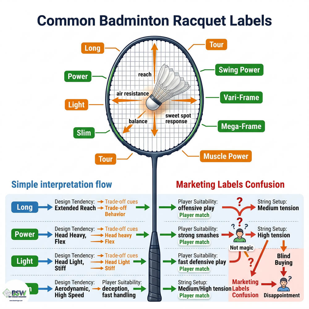 Badminton racquet terminology guide showing a close-up of marketing labels on a frame