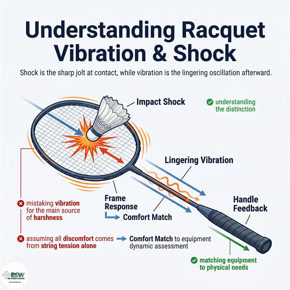 Badminton racquet vibration and shock differences explained showing a close-up of a racquet head
