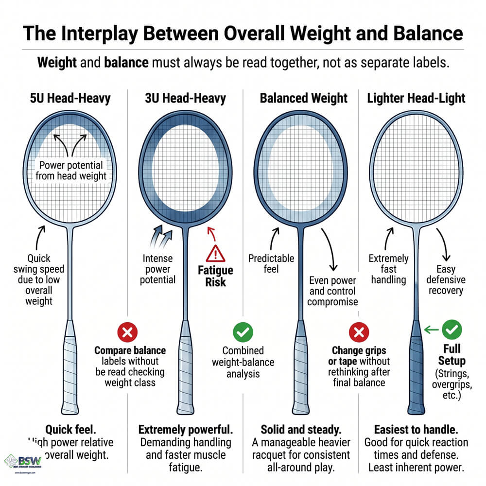 Badminton racquet weight and balance interplay explained by a certified stringer