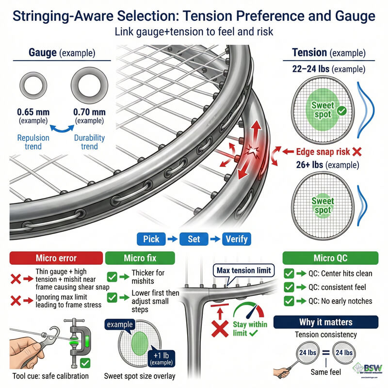Badminton string gauge and tension basics explanation on a stringing machine
