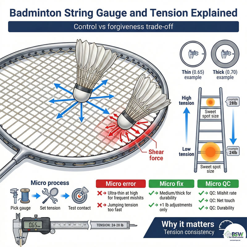 Badminton string gauge and tension basics explanation on a stringing machine