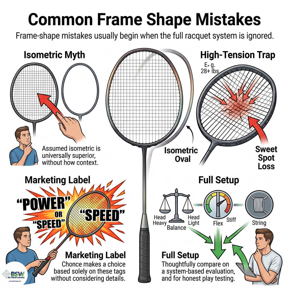 Badminton stringer pointing out a broken string resulting from poor tension on an isometric frame