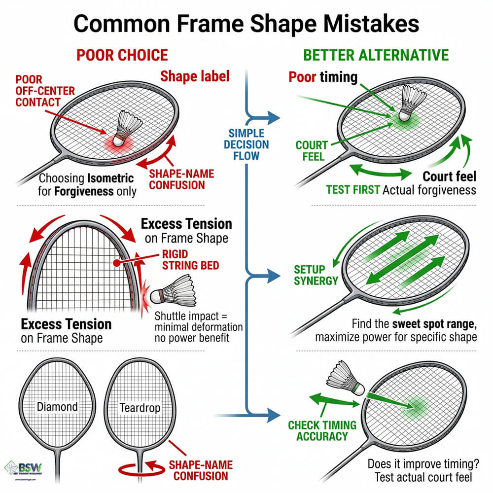 Badminton stringer pointing out a broken string resulting from poor tension on an isometric frame