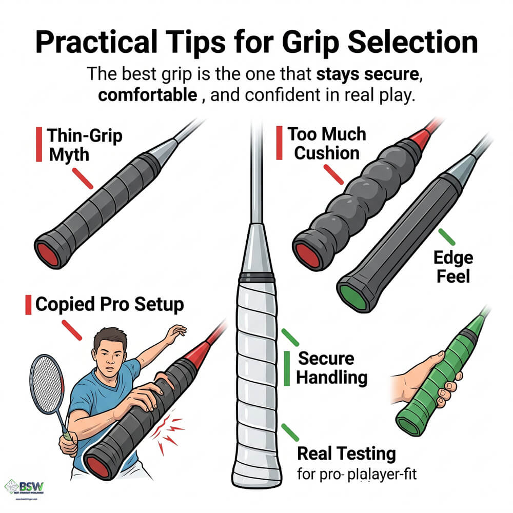 Badminton stringer pointing out how grip size changes the final racquet feel for the player