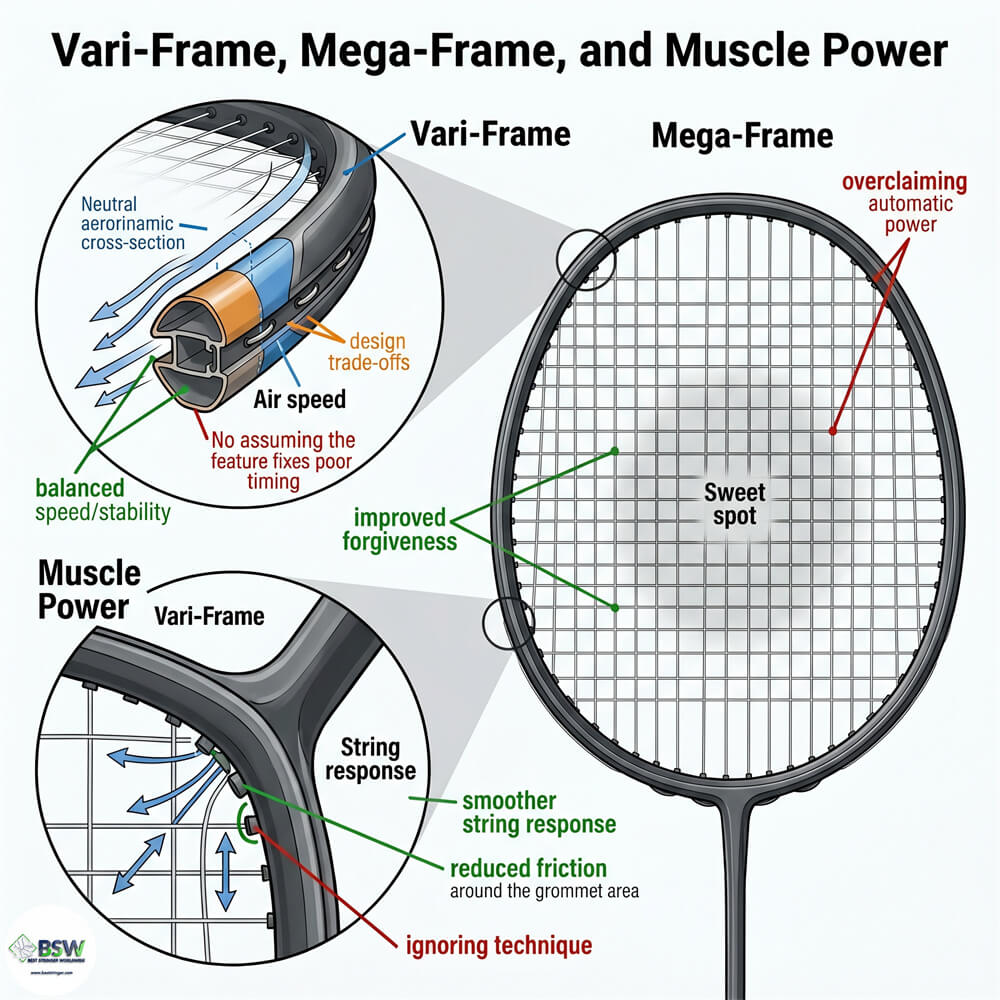 Badminton stringer pointing out vari-frame and mega-frame technology features on a badminton racquet