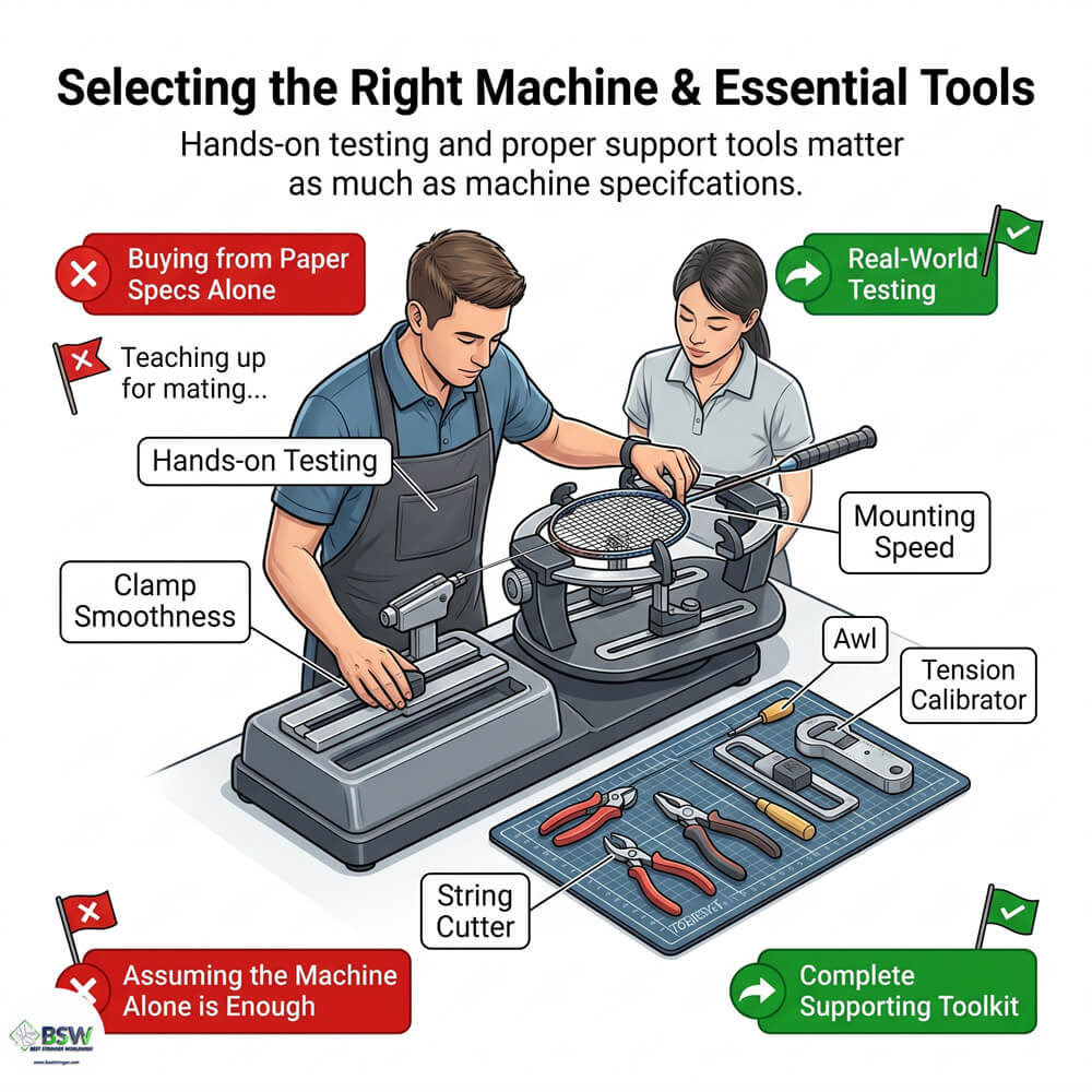 Badminton stringing course teaching stringing machine selection and tool setups