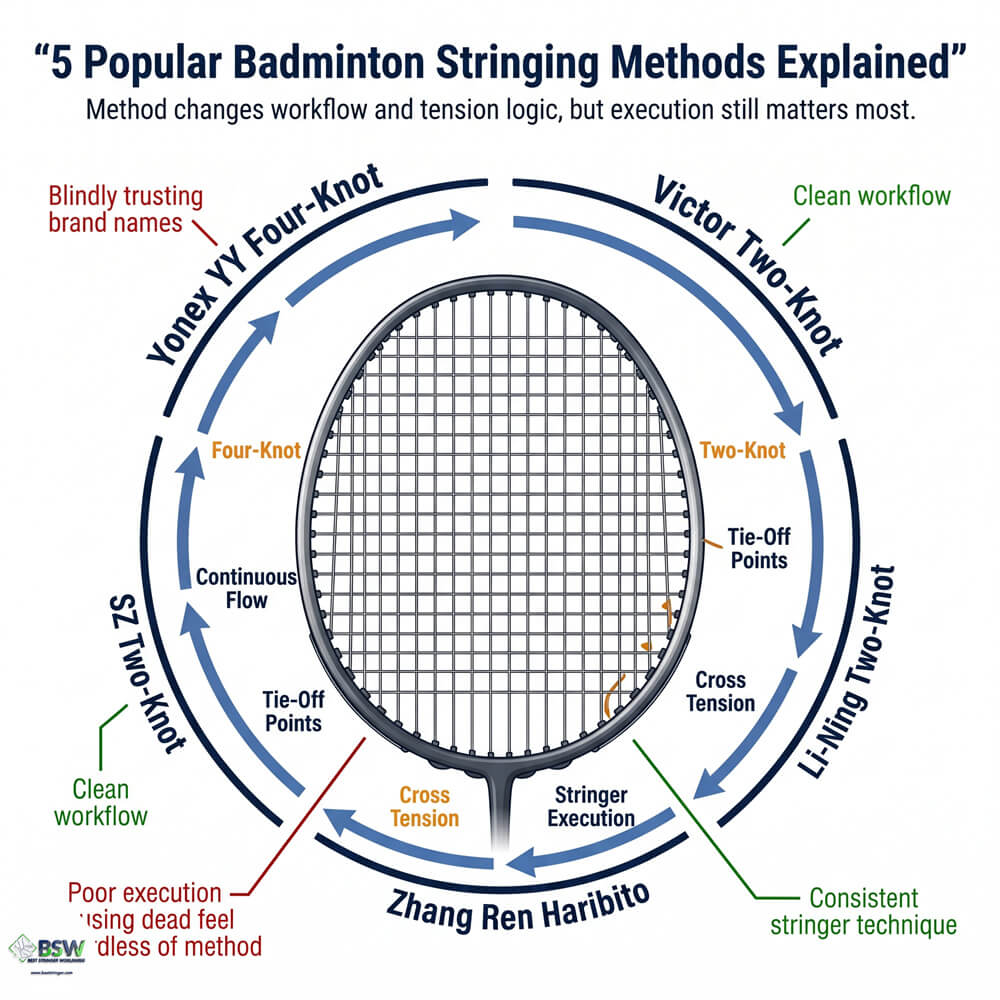 Badminton stringing methods comparison guide showing various knot types
