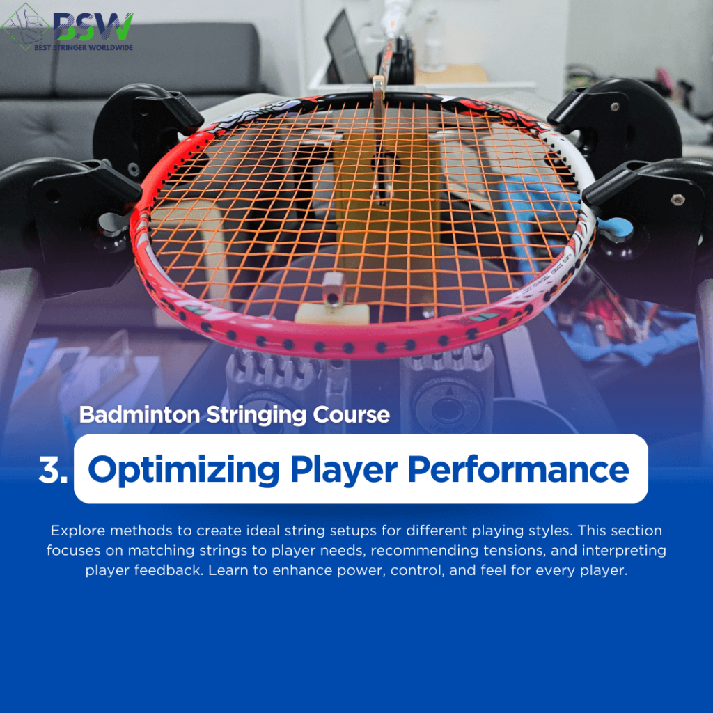 Best Stringer Worldwide Performance Optimization BSW course participants analyzing string tension effects on shuttle performance