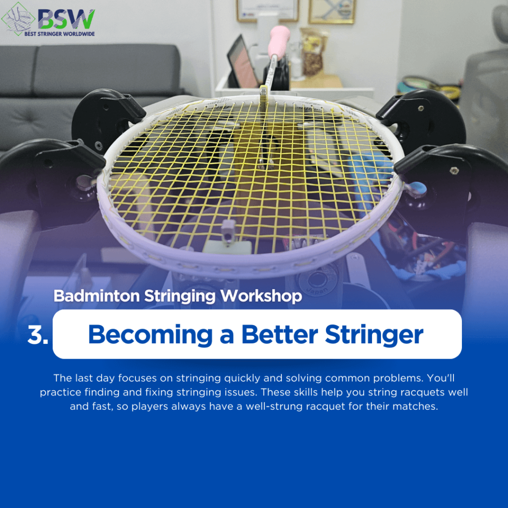 Best Stringer Worldwide expert demonstrating quick problem-solving techniques during the Badminton Stringing Workshop