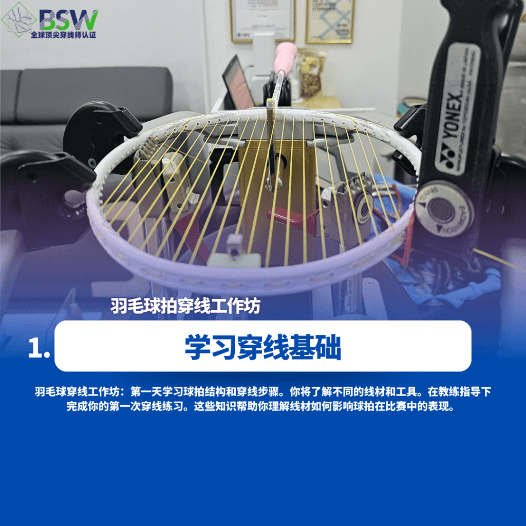 Best Stringer Worldwide的教练向Badminton Stringing Workshop的参与者讲解球拍结构和基本穿线步骤