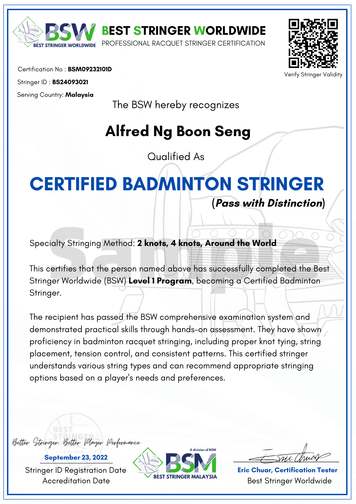 Certified Badminton Stringer Certificate by Best Stringer Worldwide Recognize