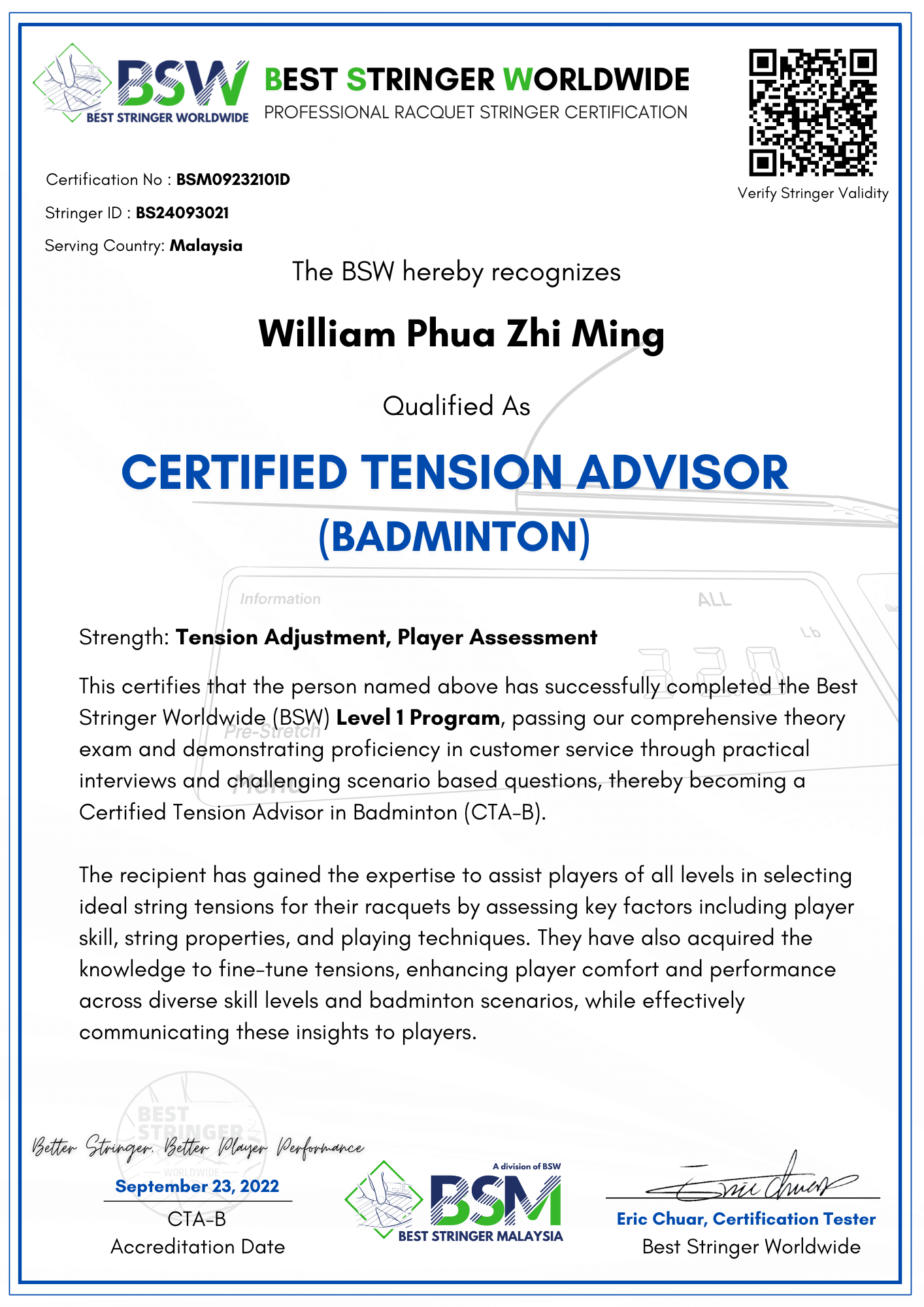 BSW 认证羽毛球拍磅数指导员 – Certified Tension Advisor – Badminton (CTA-B) 全球顶尖穿线师认证