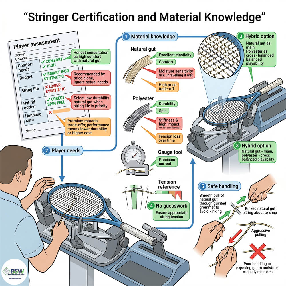 Certified stringer advising a player on natural gut hybrid setup and string life expectations