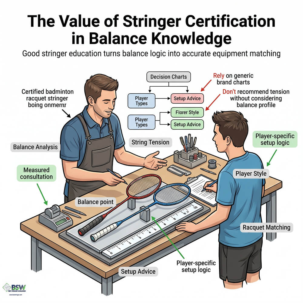 Certified stringer consulting a player on proper racquet balance and string matching