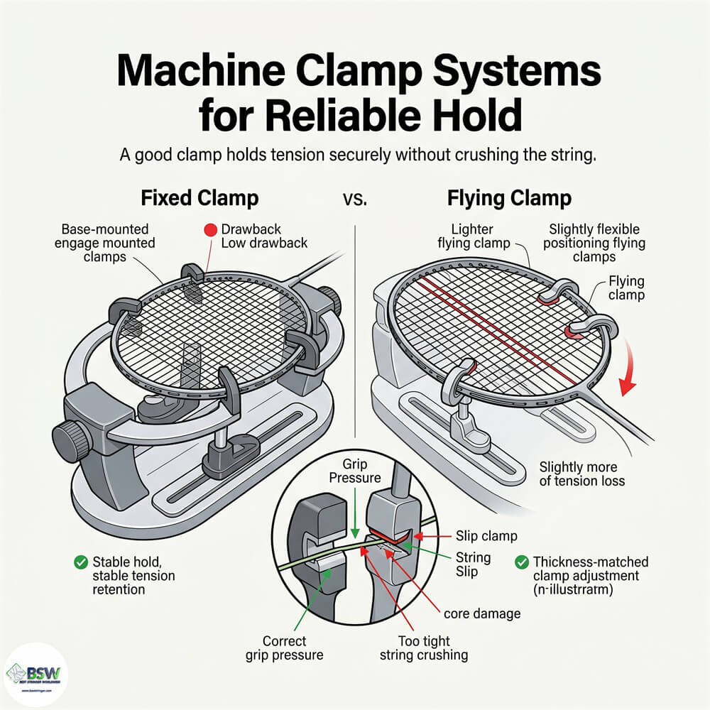 Certified stringer demonstrating stringing machine clamp system behavior and tension retention