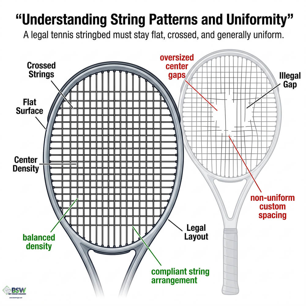 Certified stringer ensuring tennis racquet string pattern compliance