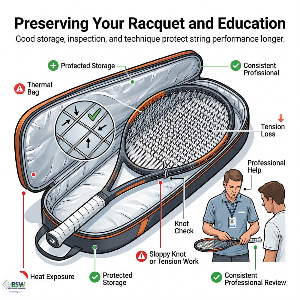Certified stringer examining a restrung tennis racquet