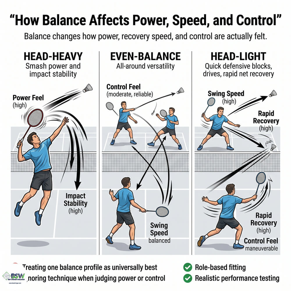 Certified stringer examining the balance point and weight distribution of a badminton racquet