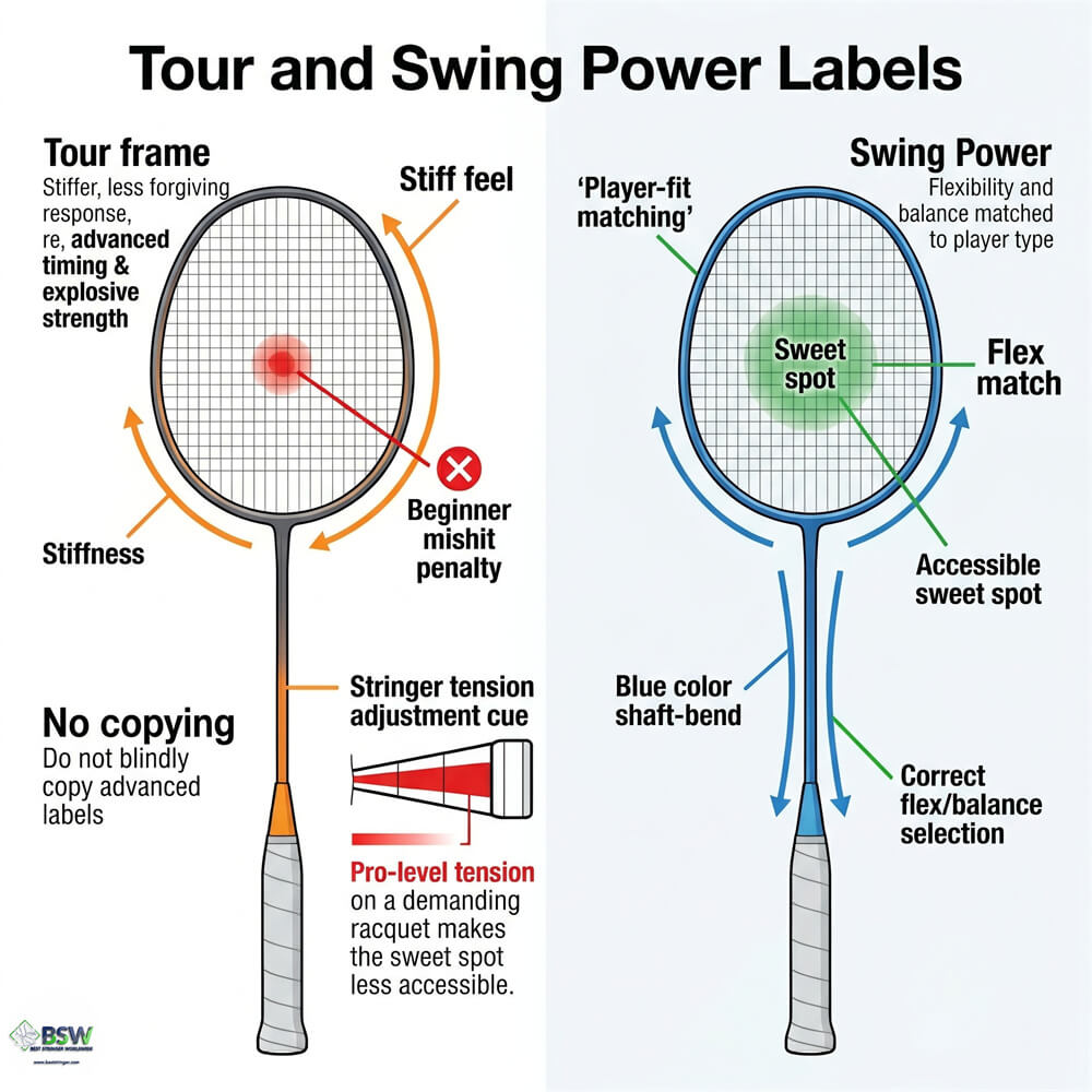 Certified stringer explaining advanced badminton racquet terminology like Tour and Swing Power