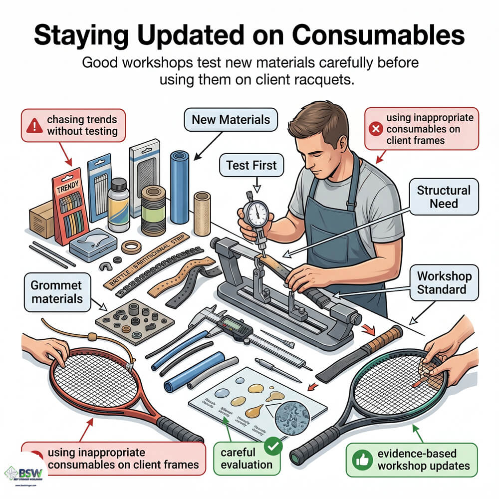 Certified stringer explaining essential racquet stringing consumables