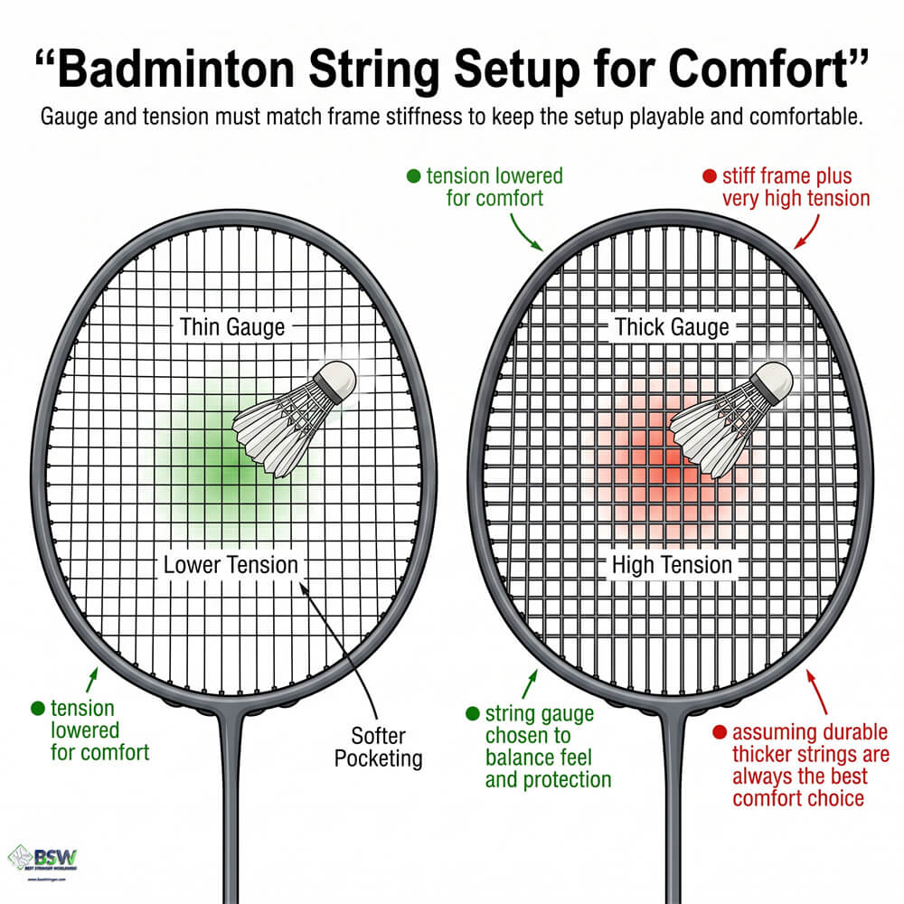 Certified stringer explaining how string setup influences badminton racquet shock