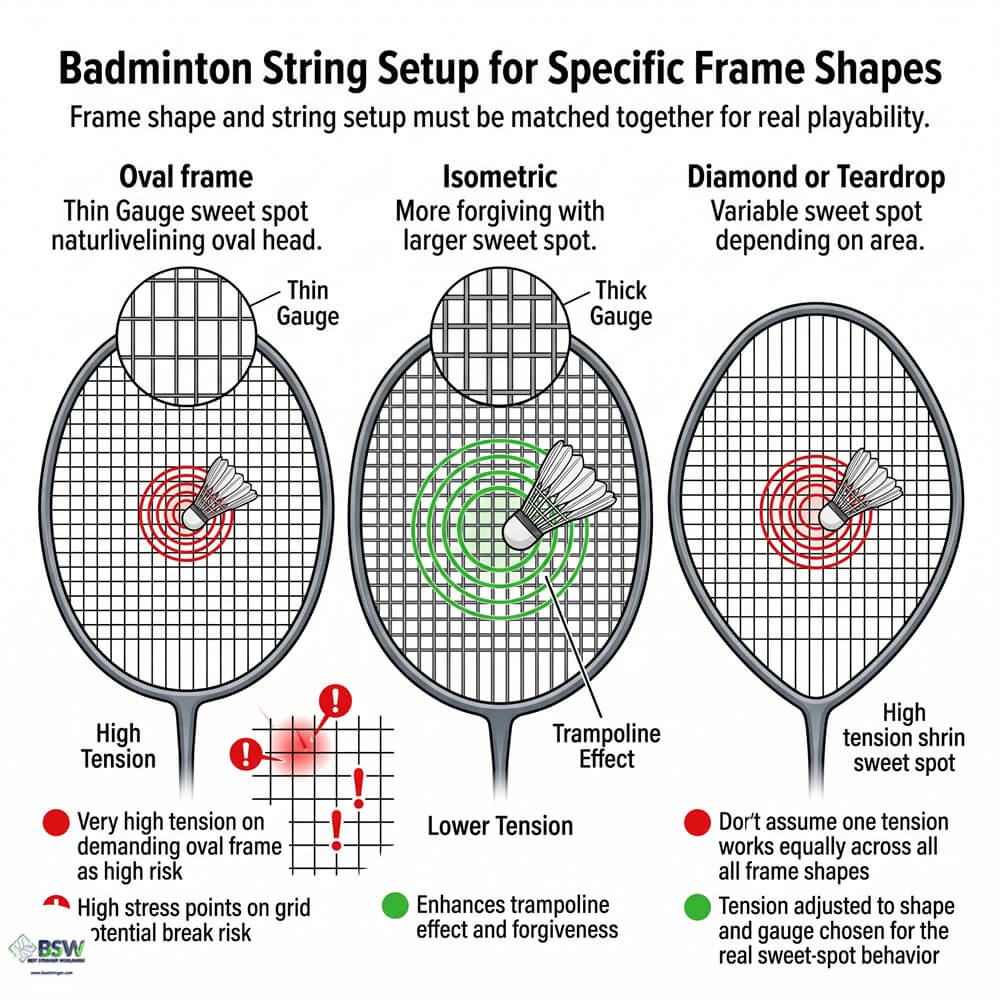Certified stringer explaining how string tension interacts with different badminton racquet frame shapes