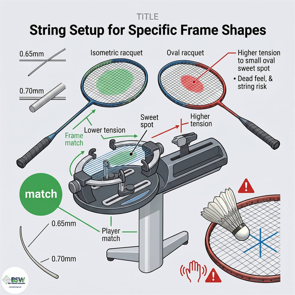 Certified stringer explaining how string tension interacts with different badminton racquet frame shapes