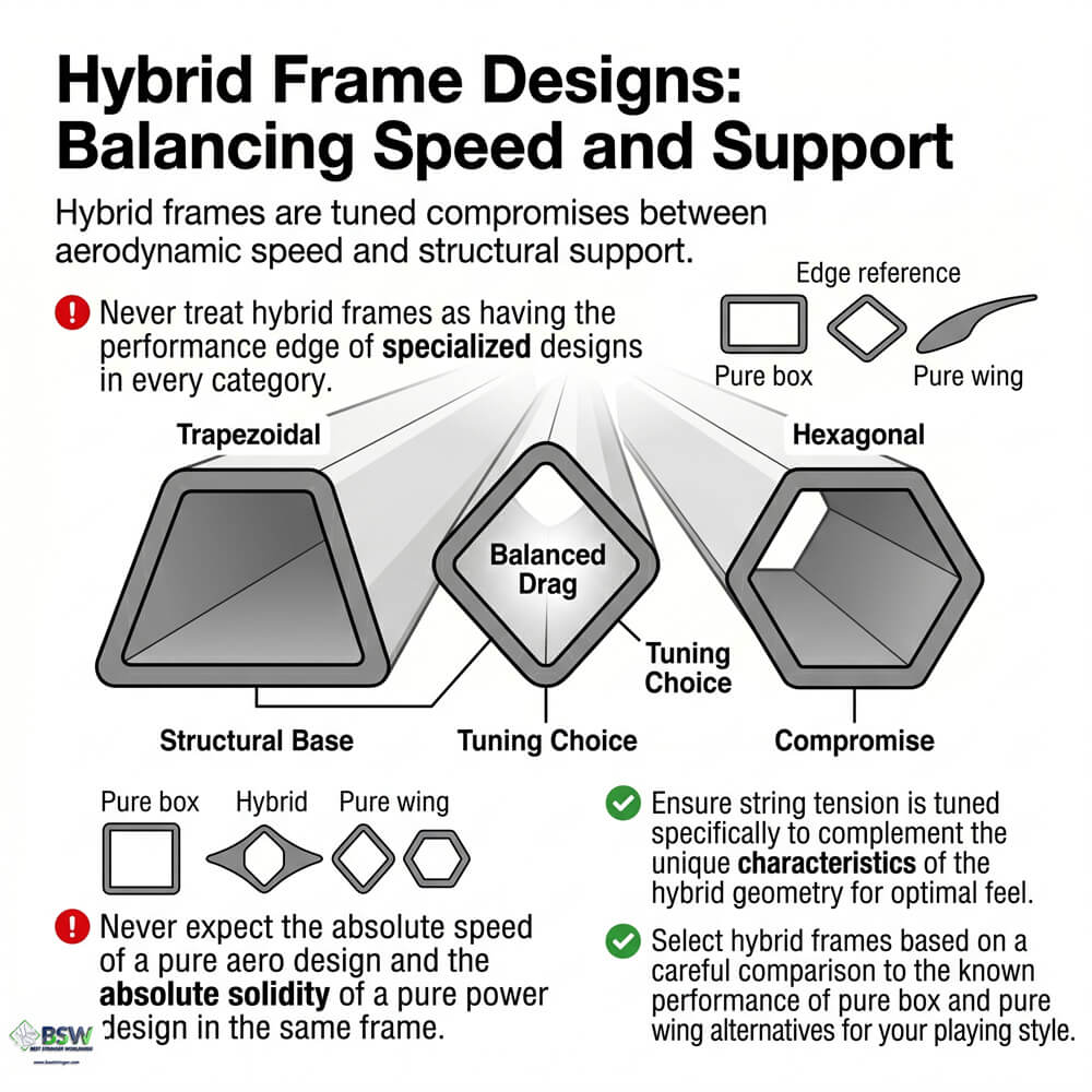 Certified stringer explaining hybrid badminton racquet frame cross-sections