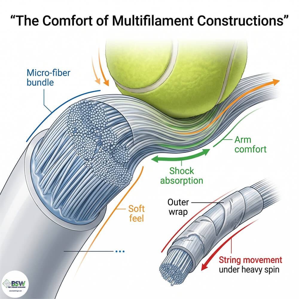 Certified stringer explaining multifilament tennis strings and comfort-oriented construction